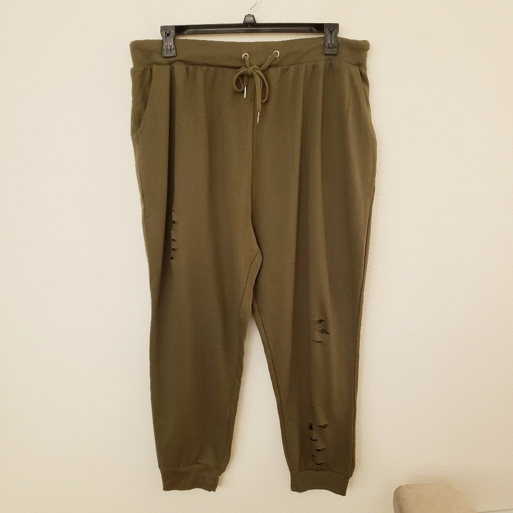 Jolie & Joy Olive Green Distressed Drawstring Waist Joggers Size 3X Jr Plus NWT